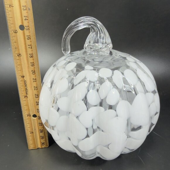 Vintage Art Glass Pumpkin Sculpture Figure Clear With Large White Spots Decor - Picture 2 of 12